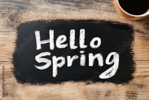 Hello spring greeting on wooden background with coffee cup