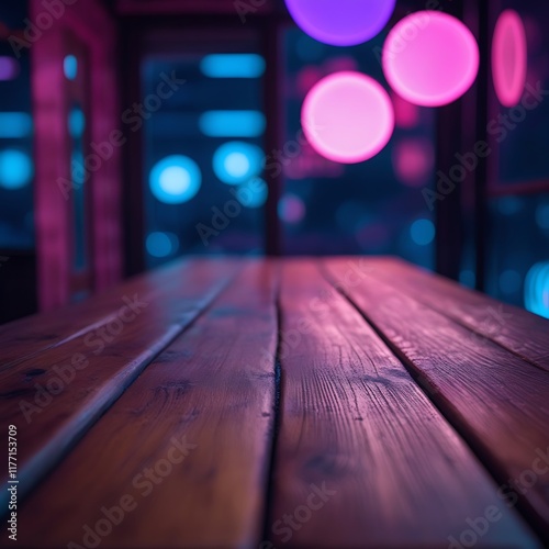  Moody Wooden Table with Neon Bokeh Background