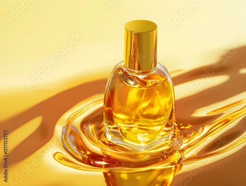 A luxurious bottle with a gold cap and amber liquid reflects on a glossy oil surface