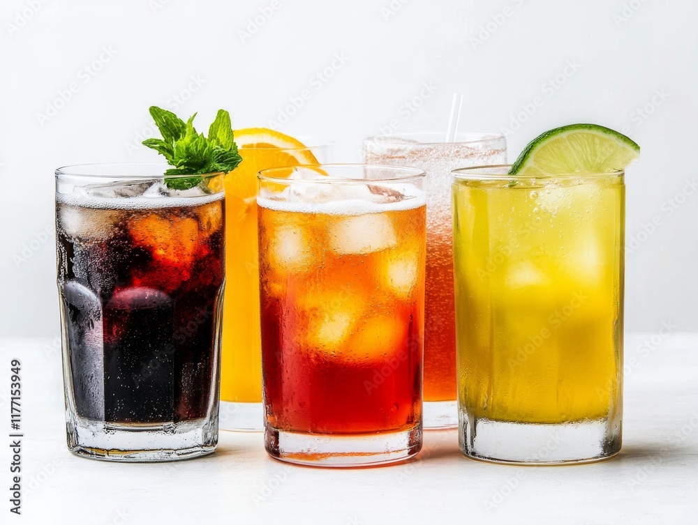 A collection of beverages, featuring soda, juice, and sparkling water, displayed against a white background. A collection of beverages, featuring soda, juice, and sparkling water, displayed against a white background.