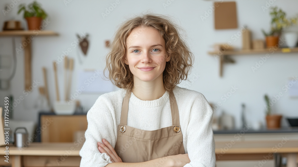 young woman with curly hair smiles confidently in cozy workshop, wearing beige apron over white sweater. background features plants and wooden shelves, creating warm atmosphere young woman with curly hair smiles confidently in cozy workshop, wearing beige apron over white sweater. background features plants and wooden shelves, creating warm atmosphere