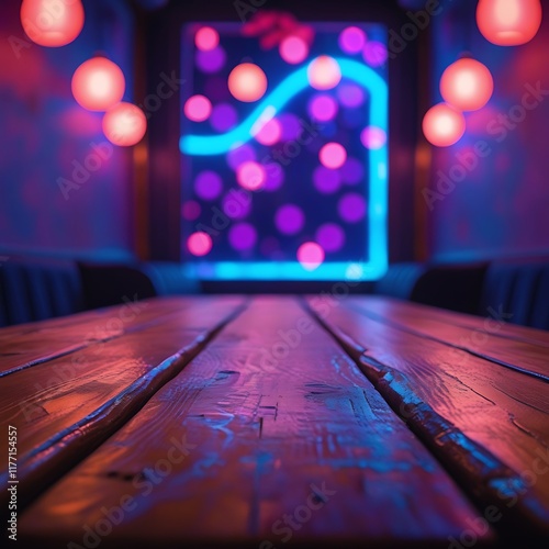 Moody Wooden Table with Neon Bokeh Background