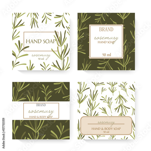Four distinct packaging designs showcasing herbs patterns. Hand soap packaging designs featuring herbs and leaves.
