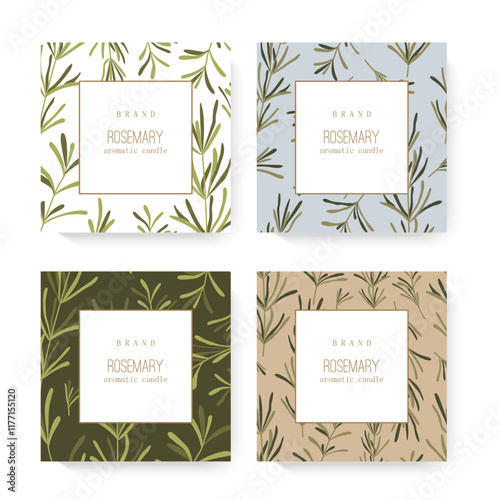 Four distinct packaging designs showcasing herbs patterns. Candle packaging designs featuring herbs and leaves.