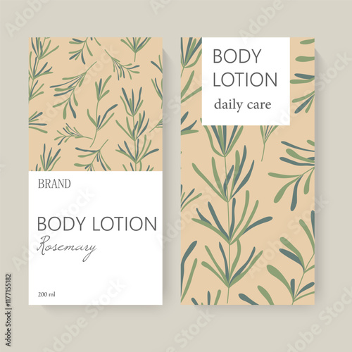 A design featuring body lotion packaging with herbs patterns, soft colors, and simple layout on a light background