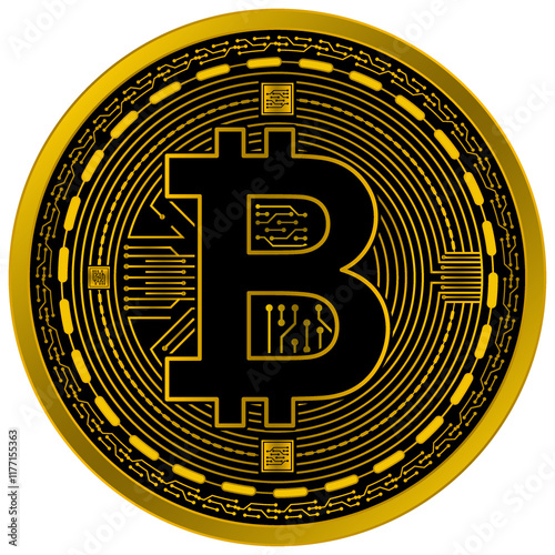 Vector of Bitcoin Digital Currency in gold and black colors on a white background.