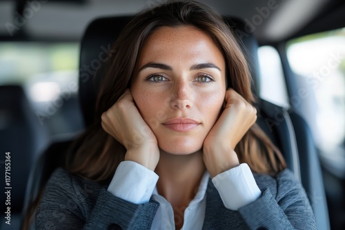 A pensive woman holds her head in contemplation while in her car, depicting a deep thoughtful moment about life, showcasing the tension between emotions and the journey. photo