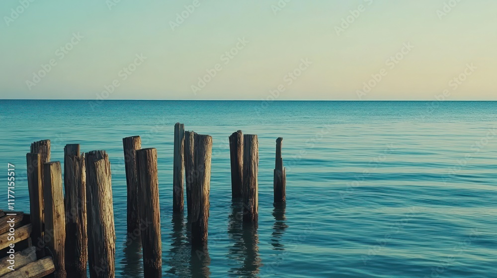 Serene Ocean Vista: Weathered Wooden Pillars at Calm Seashore Serene Ocean Vista: Weathered Wooden Pillars at Calm Seashore