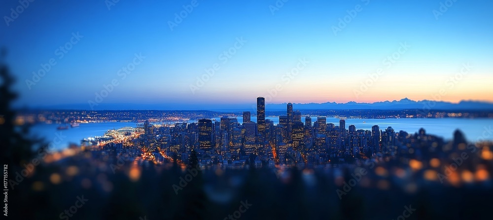 Naklejka premium Twilight Cityscape Panorama A Modern Metropolis with Glowing Lights and a Beautiful Bokeh Effect