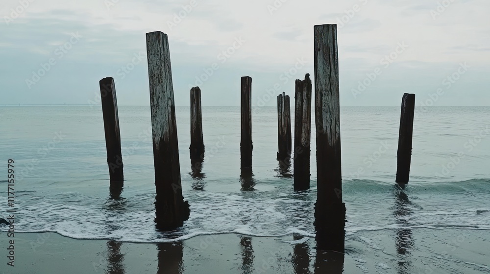 Ocean's Whispers: Weathered Wooden Pillars Embrace the Coastal Serenity Ocean's Whispers: Weathered Wooden Pillars Embrace the Coastal Serenity
