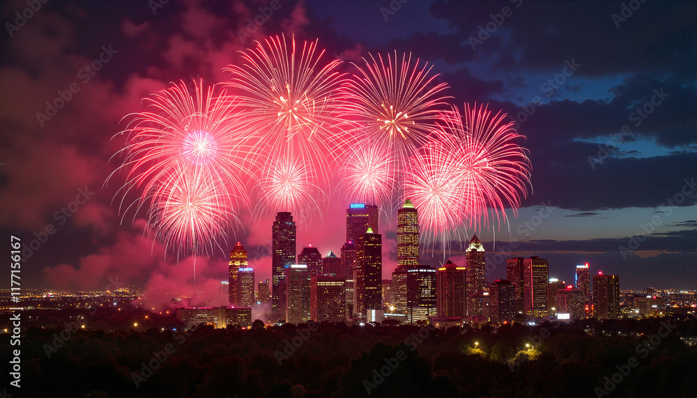 Obraz premium Fireworks lighting up city skyline at night
