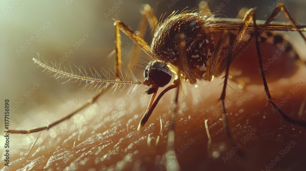 A detailed macro shot of a mosquito feeding on human skin, representing disease transmission and environmental awareness, suitable for educational and scientific use. A detailed macro shot of a mosquito feeding on human skin, representing disease transmission and environmental awareness, suitable for educational and scientific use.