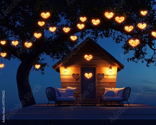 Heartadorned treehouse entrance with a romantic outdoor seating area lit by Valentinethemed lanterns photo