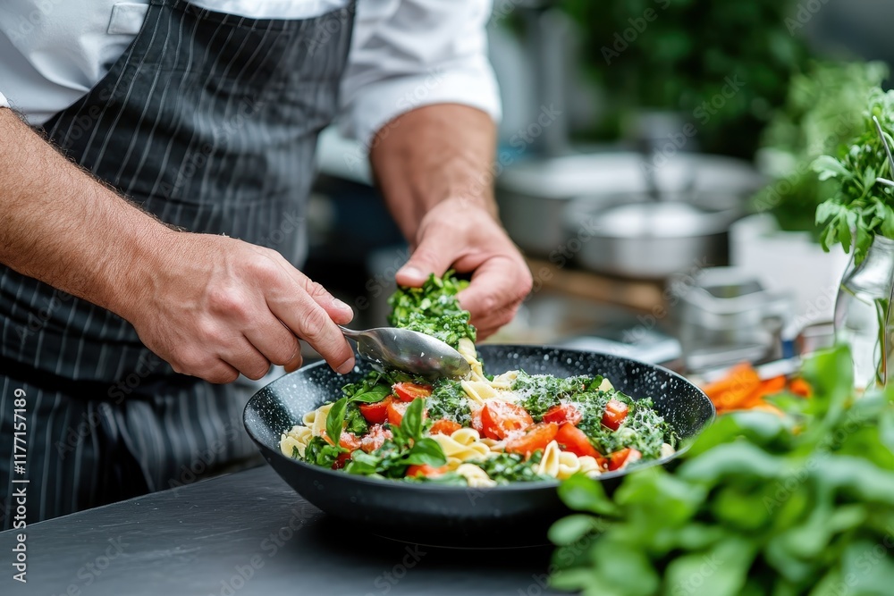 A chef tosses flavorful pasta with fresh herbs and tomatoes, showcasing culinary skills and the vibrant colors of organic ingredients in a beautiful kitchen setting. A chef tosses flavorful pasta with fresh herbs and tomatoes, showcasing culinary skills and the vibrant colors of organic ingredients in a beautiful kitchen setting.