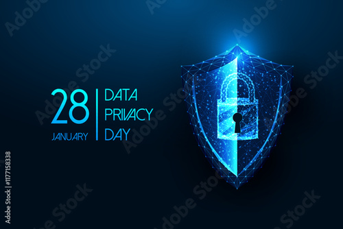 Data Privacy Day concept web banner with glowing padlock on shield, security and protection symbols 