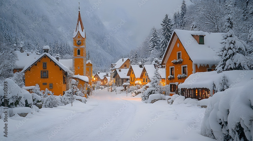 Naklejka premium A picturesque snowy village with charming homes, soft snowfalls, and serene winter surroundings