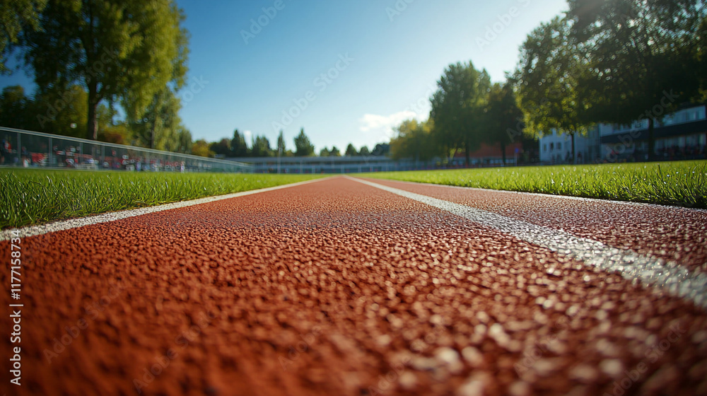 Fototapeta premium View of a running track and field in bright sunlight surrounded by trees and grass