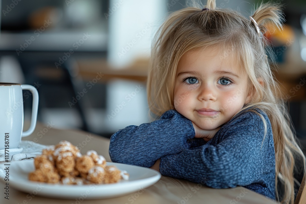 A charming young girl sitting at a table, resting her chin on her hands, gazing thoughtfully at her delicious snacks in a cozy and inviting environment. A charming young girl sitting at a table, resting her chin on her hands, gazing thoughtfully at her delicious snacks in a cozy and inviting environment.