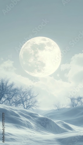 Winter s Embrace Serene Snowy Landscape with Bare Trees, Rolling Hills, and a Captivating Full Moon photo