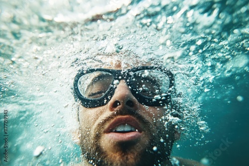 An underwater photograph of a man wearing goggles, his expressions captured amidst the bubbles and blue surroundings, representing adventure and exploration. photo