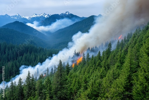 An expansive mountainous view is marred by the creeping spread of a forest fire, with smoke billowing over the landscape, reminding us of nature's uncontrollable force.