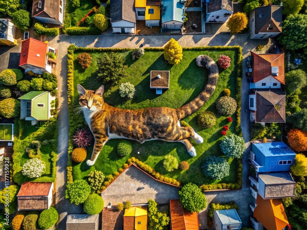 Fototapeta premium Aerial Drone View of Cats Playing on a Rooftop Garden Map