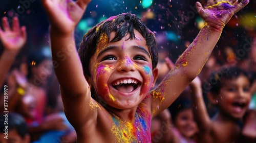 Boy joyfully playing with colors during a lively Holi festival celebration.