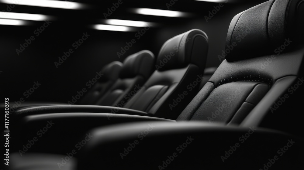 Obraz premium Luxurious black leather cinema seats in dimly lit theatre interior