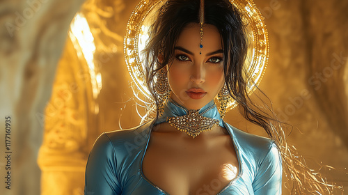 A divine portrait of Durga features her wearing a vibrant blue zentai suit with attached gloves