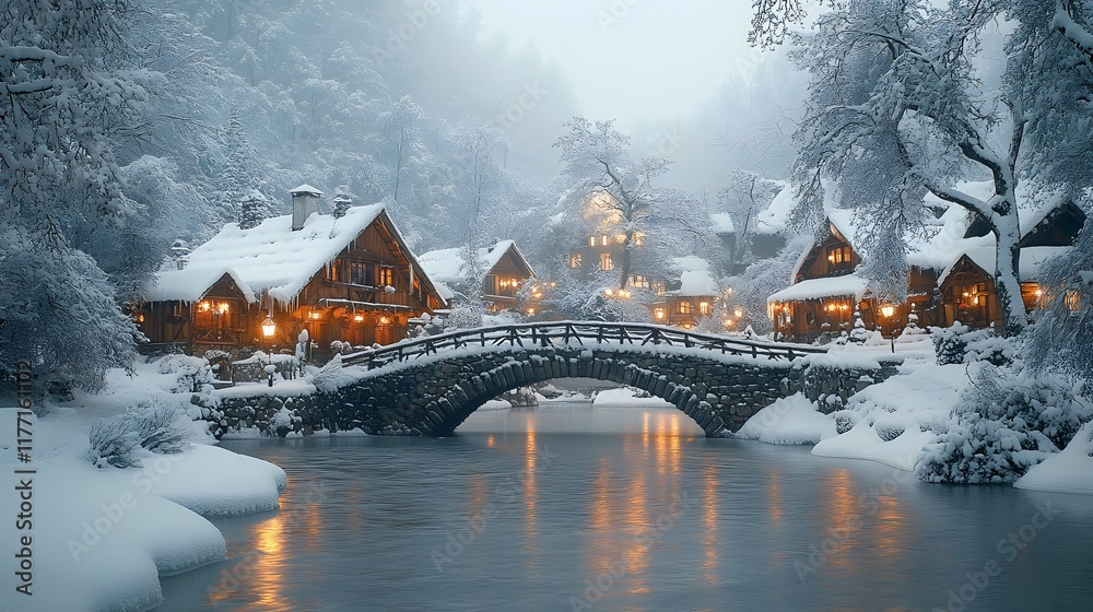 A serene snowy village with a stone bridge, cozy homes, and snow-laden trees along a frosty stream A serene snowy village with a stone bridge, cozy homes, and snow-laden trees along a frosty stream