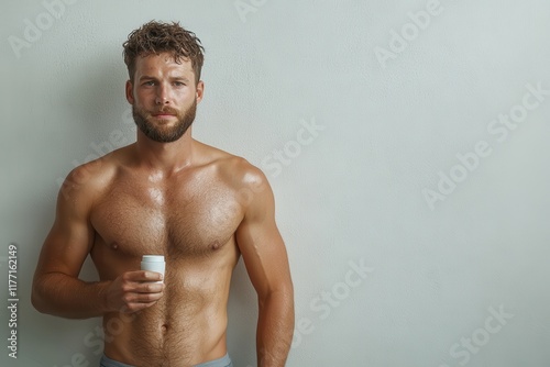 A bearded man with a toned physique stands holding a grooming product, showcasing the relevance of self-care in modern masculinity and personal grooming routines. photo