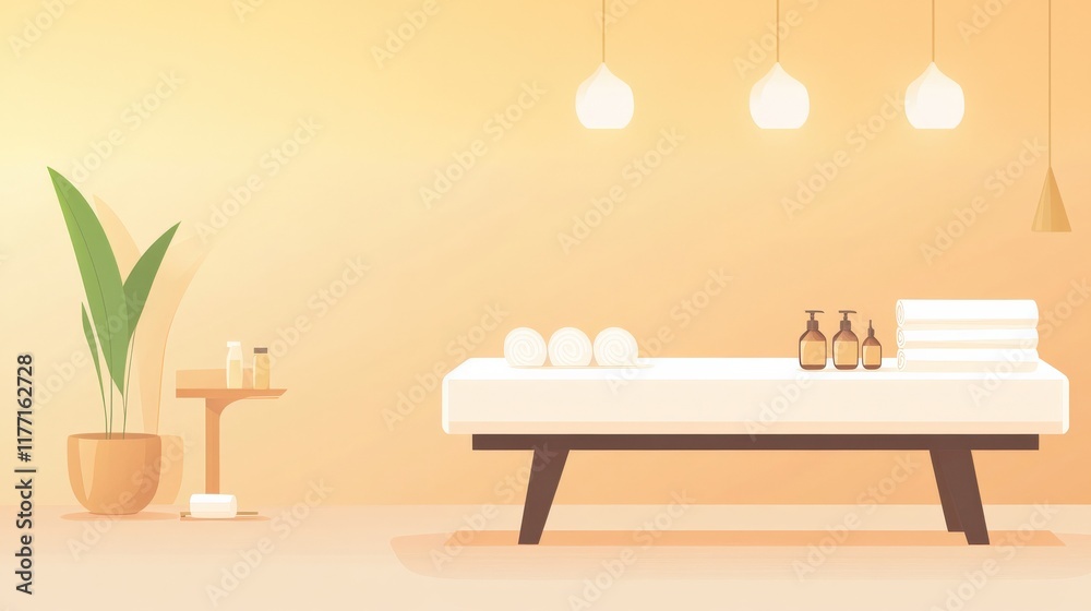 Serene Spa Interior with Minimalist Massage Table, Relaxing Setting, Calm Atmosphere, Essential Oils, Towels, and Decorative Green Plant for Wellness Experience