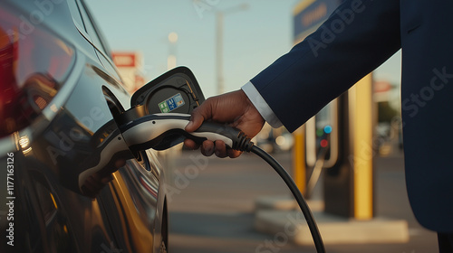 A close-up of a manâs hand in a tailored navy-blue suit, gripping a sleek black charging cable and plugging it into an electric sedan. The blurred background reveals a modern gas s photo