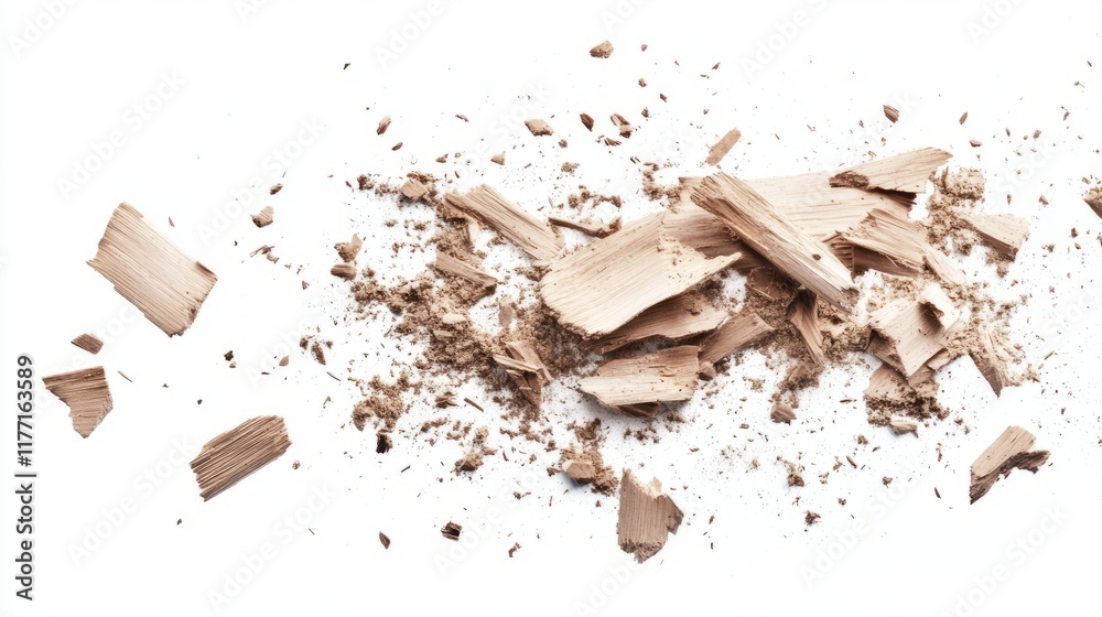 Fototapeta premium Wood pieces and dust, crushed tree bark isolated on white background