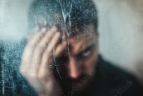 A depiction of vulnerability as a man appears behind a fogged glass, evoking feelings of sadness and separation while capturing the raw emotion of the human experience. photo