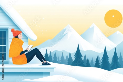 Cozy Winter Scene of a Person Reading a Book on a Snowy Roof, Surrounded by Majestic Mountains and a Warm Setting Sun in a Vibrant Illustration