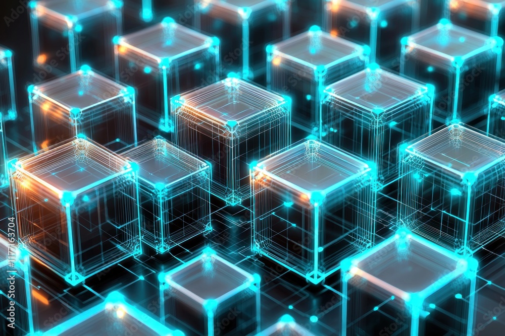 Obraz premium Glowing interconnected digital cubes on a dark grid, forming a complex network