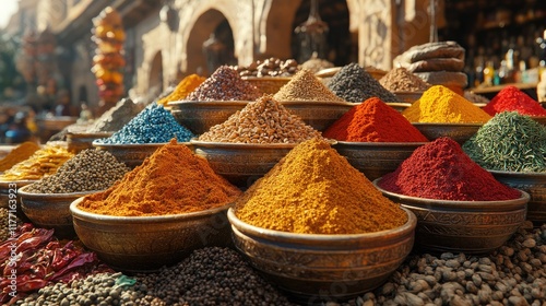 Fototapeta Naklejka Na Ścianę i Meble -  Colorful spice market stall, vibrant powders, exotic setting, ancient architecture, food photography