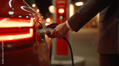 A polished hand in a pinstripe suit delicately inserts a charging connector into the electric car's port. The blurred background shows the gas stationâs bright red fuel pumps, with