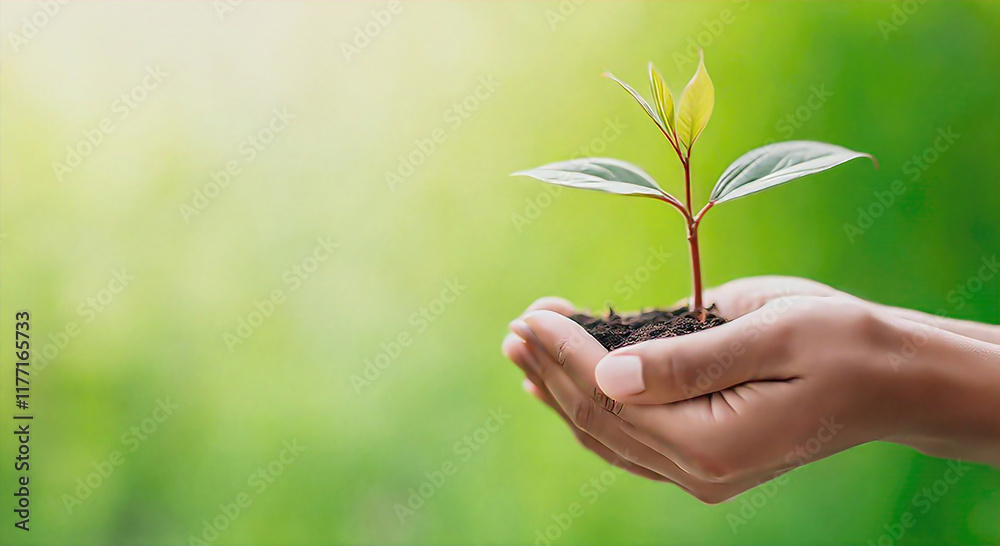A man hand planting a small green plant in rich soil, care for the environment, with warm sunshine. Concept of environmental conservation and global warming reduction A man hand planting a small green plant in rich soil, care for the environment, with warm sunshine. Concept of environmental conservation and global warming reduction