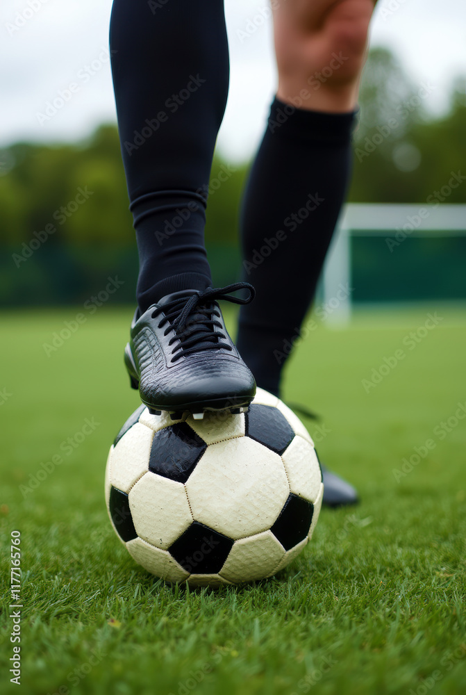 Soccer player foot on ball during gameplay on green field Soccer player foot on ball during gameplay on green field