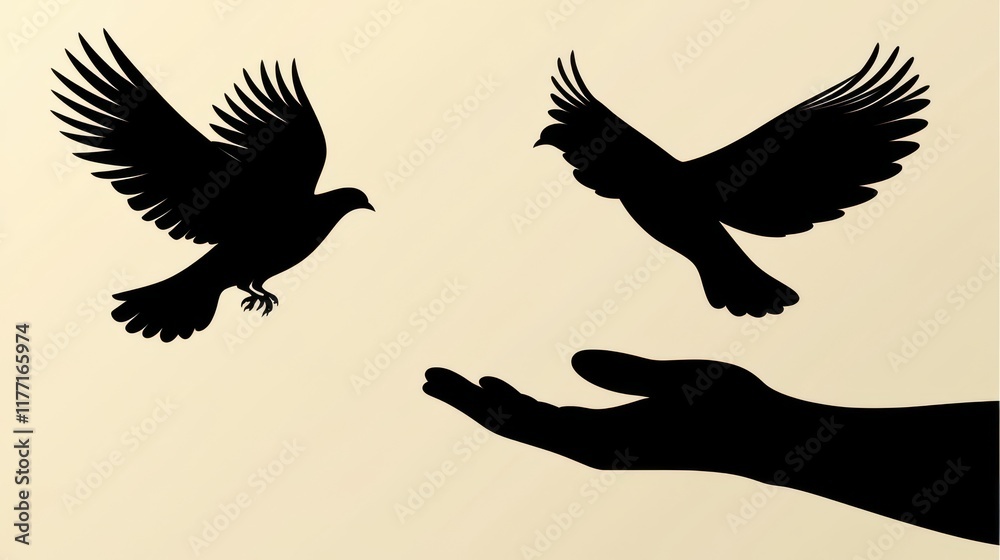 Obraz premium Silhouette of Hands Releasing a Dove into the Sky at Sunset for Symbolizing Freedom and New Beginnings