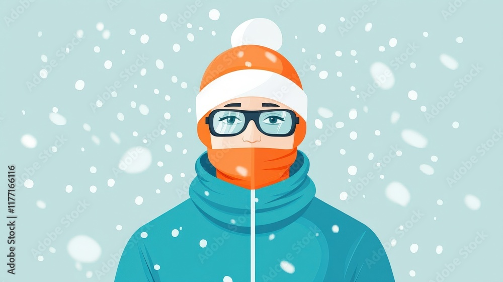 Naklejka premium Winter Scene Featuring a Young Person Wearing a Blue Jacket, Orange Hat, and Glasses, Surrounded by Snowflakes in a Cool Color Palette for Seasonal Imagery and Themes