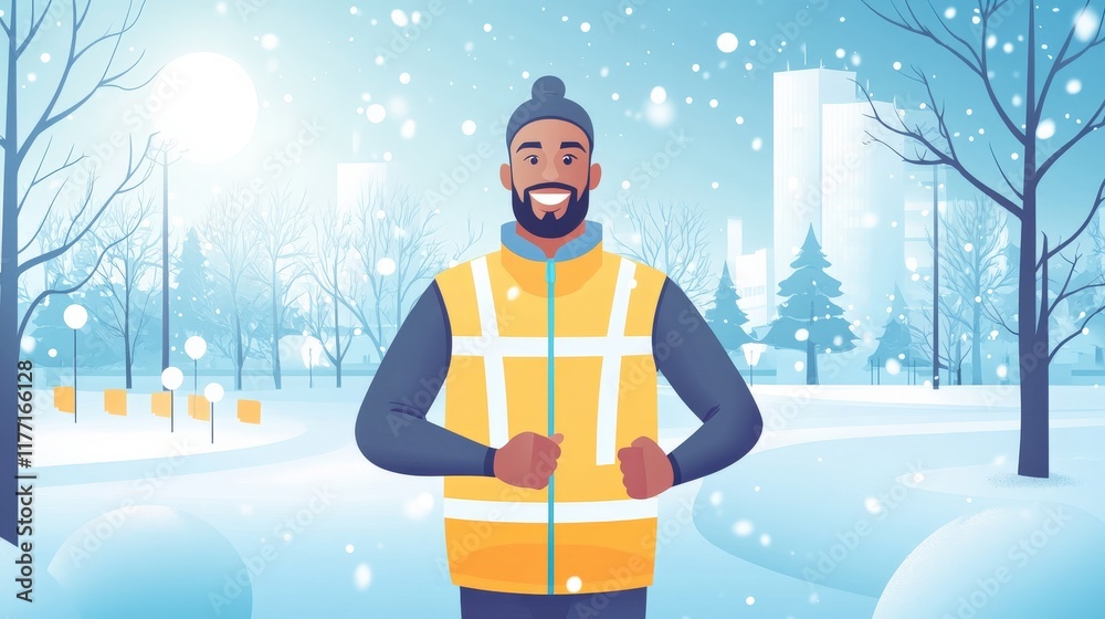 Cheerful Man Wearing Safety Vest Jogging in Snowy Winter Landscape with City Background and Snowfall, Promoting Fitness and Safety in Cold Weather Conditions Cheerful Man Wearing Safety Vest Jogging in Snowy Winter Landscape with City Background and Snowfall, Promoting Fitness and Safety in Cold Weather Conditions