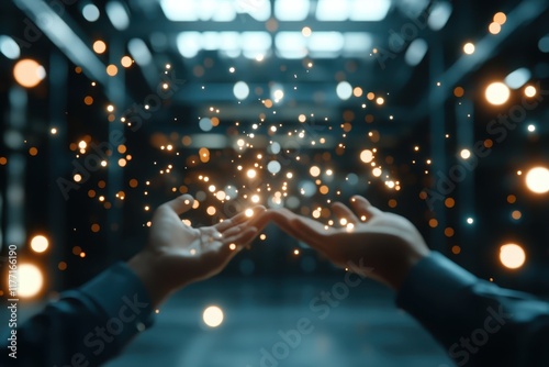 This dynamic image captures the moment of hands reaching out to embrace sparkling particles, inviting a sense of magic, hope, and connection to the energy of the universe around us. photo