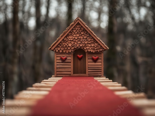 Heartpatterned roof shingles and a red carpet walkway leading to a Valentinethemed treehouse photo