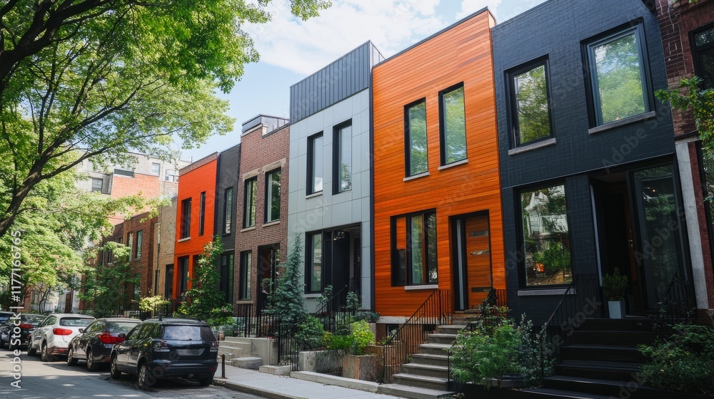 Naklejka premium Contemporary row houses in a transformed urban renewal area, highlighting modern design and community growth.