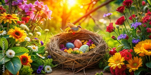 Aerial View: Colorful Bird Nest in Vibrant Flower Garden