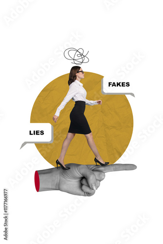 Collage artwork graphics picture of addicted lady leading by fake news isolated painting background