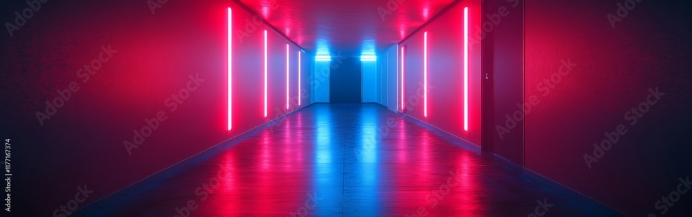 A futuristic hallway illuminated by red and blue neon lights, creating a modern and sci-fi aesthetic environment. A futuristic hallway illuminated by red and blue neon lights, creating a modern and sci-fi aesthetic environment.